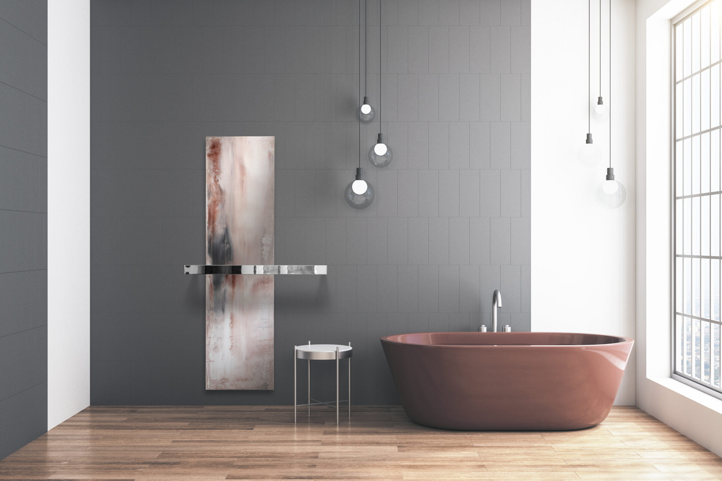 Luxury loft bathroom with self care products. Style and hygiene concept. Mock up. 3d rendering